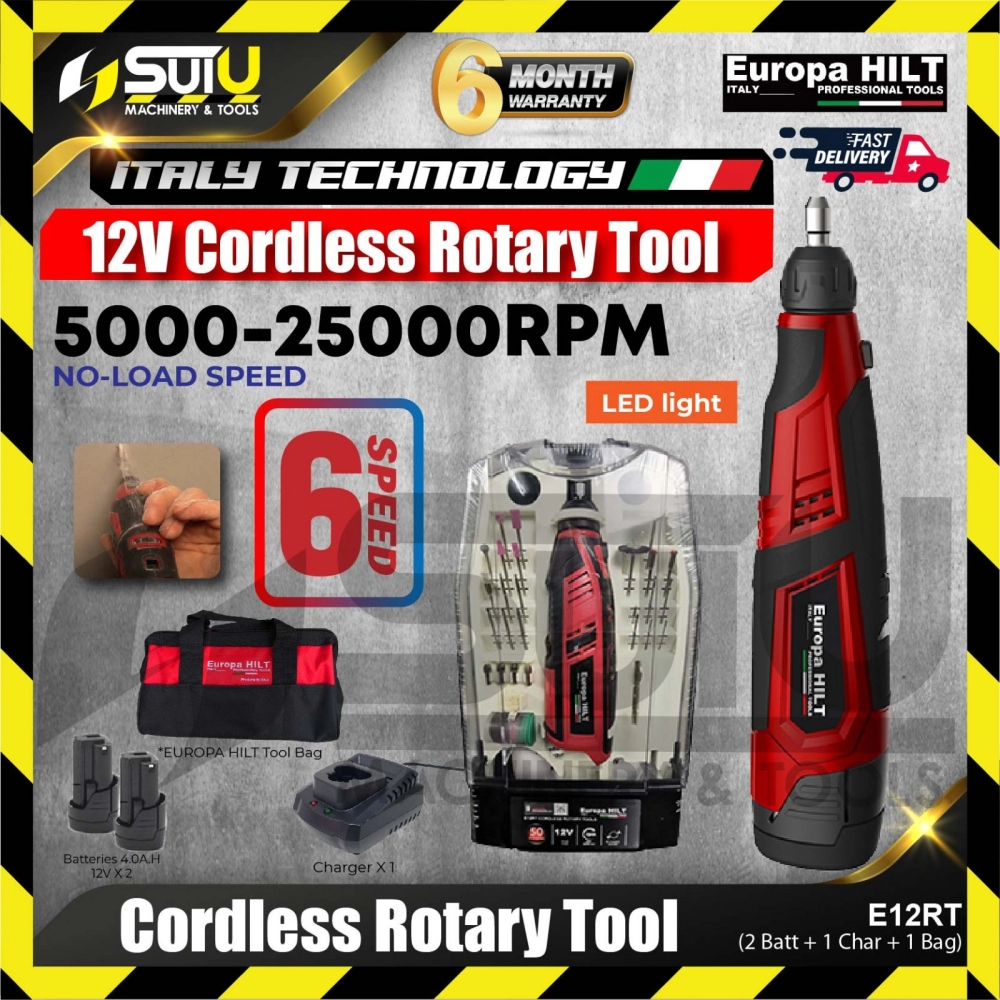 EUROPA HILT E12RT 12V Cordless Rotary Tool w/ Accessories 25000RPM w/ 2 x Batteries 4.0Ah + Charger