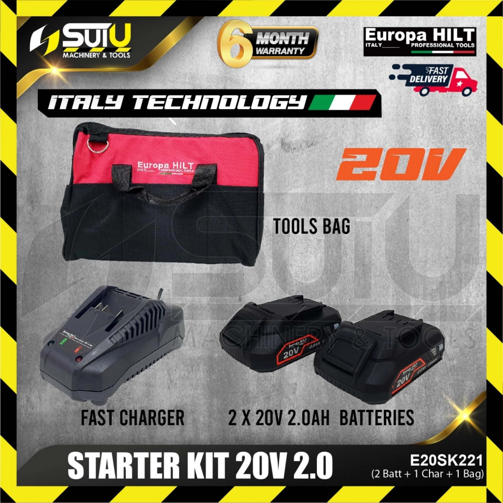 EUROPA HILT E20SK221 / E20SK-221 20V Starter Kit 2.0Ah ( 2 x Batteries 2.0Ah + 1 x Charger + 1 x Tools Bag)