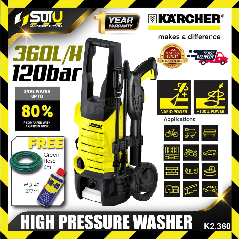 KARCHER K2.360 120BAR High Pressure Washer / Cleaner / Water Jet 1400W FOC 6M Green Hose + 277ML WD-40