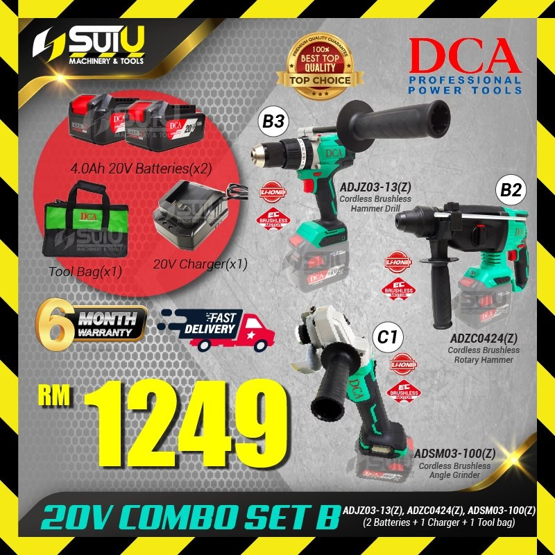 [COMBO B] DCA 20V CORDLESS BRUSHLESS COMBO ADZC04-24 + ADJZ03-13 + ADSM03-100 + 2 x Batteries 4.0Ah + 1 x Charger + Bag (B2+B3+C1)