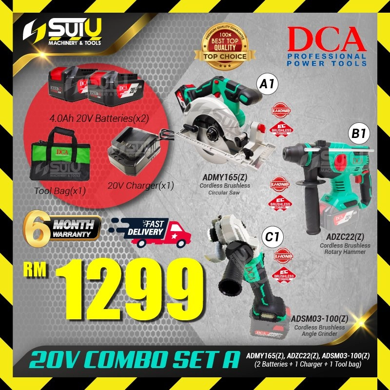 [COMBO A] DCA 20V CORDLESS BRUSHLESS COMBO ADMY165 + ADZC22 + ADSM03-100 + 2 x Batteries 4.0Ah + 1 x Charger + Bag (A1+B1+C1)