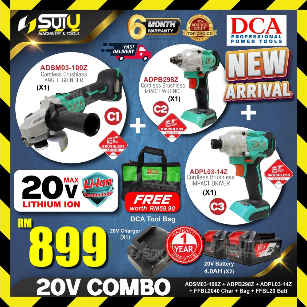 DCA 20V CORDLESS BRUSHLESS COMBO ADSM03-100 + ADPB298 + ADPL03-14 + 2 x Batteries 4.0Ah + 1 x Charger + 1 x Tool Bag