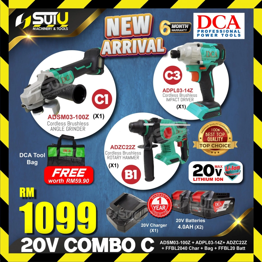 [COMBO C] DCA 20V CORDLESS BRUSHLESS COMBO ADZC22 + ADSM03-100 + ADPL03-14 + 2x Batteries 4.0Ah + 1 x Charger + Bag (B1+C1+C3)