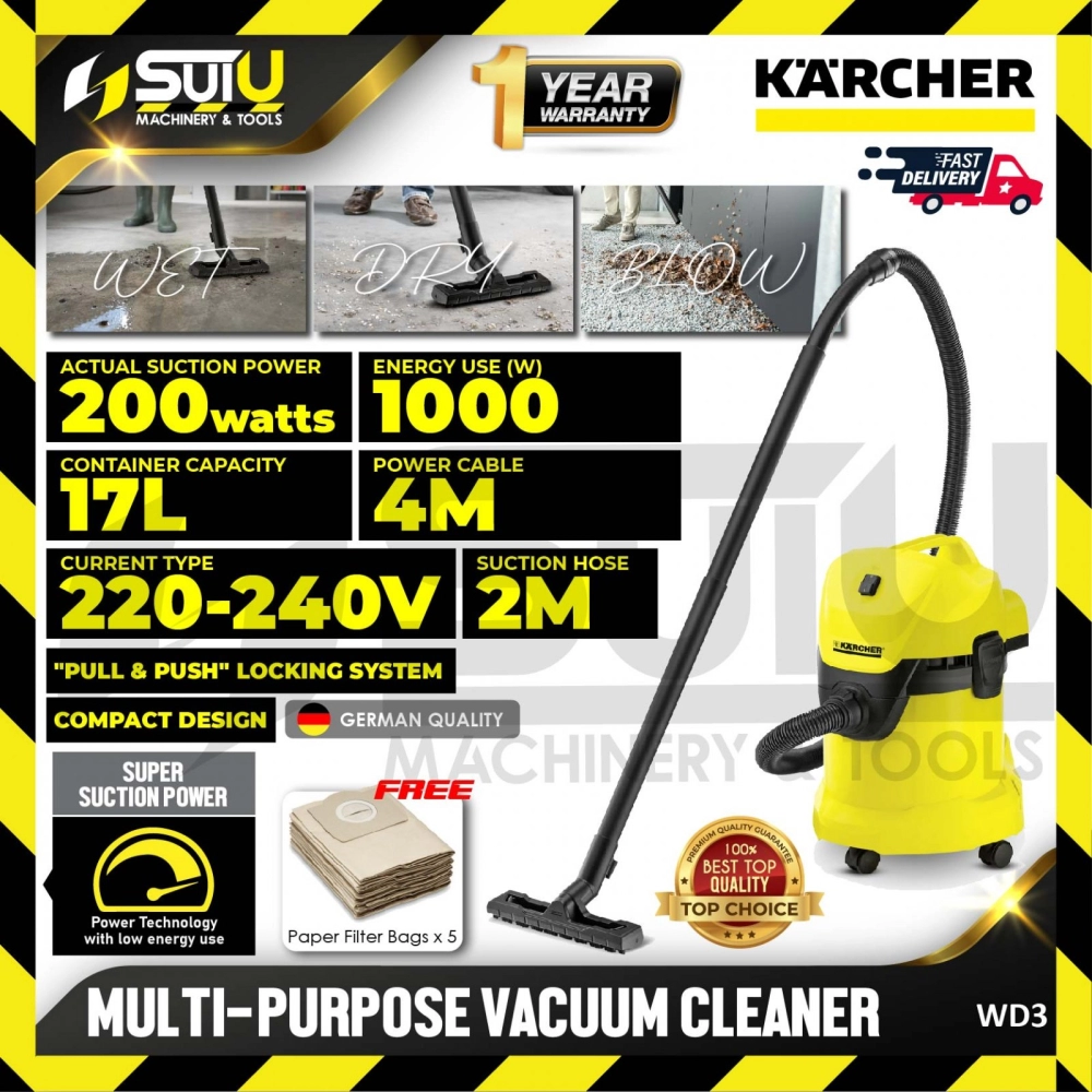 KARCHER WD3 17L Multi-Purpose Vacuum Cleaner 1000W w/ FOC 5PCS Paper Filter Bags