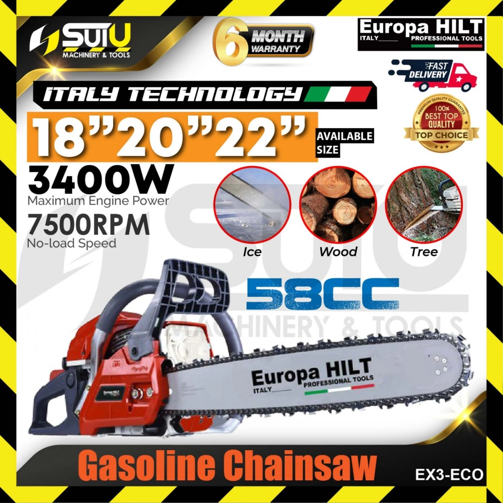 EUROPA HILT EX3-ECO 18"/ 20"/ 22" 58CC Gasoline Chainsaw 3400W 7500RPM