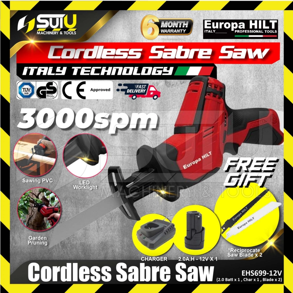 EUROPA HILT EHS699-12V Cordless Sabre Saw 3000SPM W/ 1 x 2.0Ah Battery + 1 x Charger + 2 x Reciprocating Saw Blade