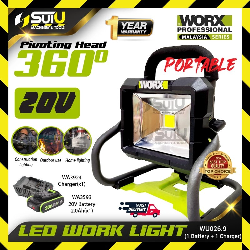 WORX WU026.9 20V 360° LED Work Light 20W w/ 1 x Battery 2.0Ah + Charger