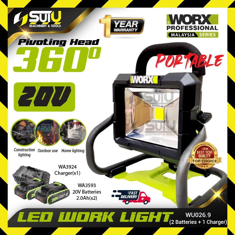 WORX WU026.9 20V 360° LED Work Light 20W w/ 2 x Batteries 2.0Ah + Charger