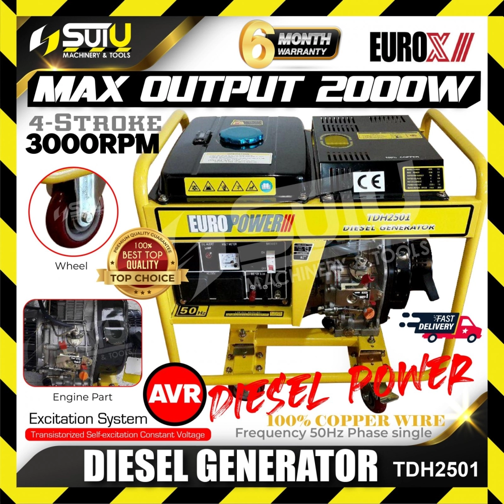 EUROX TDH2501 3.4HP 4-Stroke Diesel Generator w/ Wheels 2000W 3000RPM