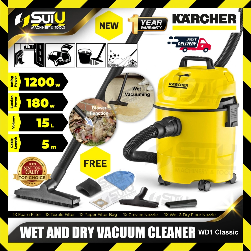 KARCHER WD1 Classic 15L Wet & Dry Vacuum Cleaner 1200W w/ Accessories