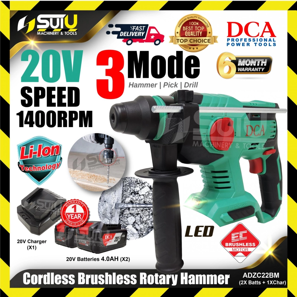 DCA ADZC22 / ADZC22BM 20V 3-Mode Cordless Brushless Rotary Hammer 1400RPM w/ 2 x Batteries 4.0Ah + Charger