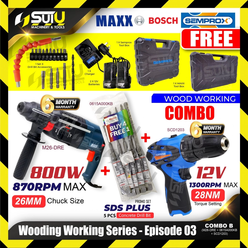 [SET B] WOOD WORKING SERIES - COMBO SERIES 03 MAXX M26-DRE Rotary Hammer + BOSCH 0615A000KB SDS PLUS Bits + SEMPROX SCD1203 Drill Driver