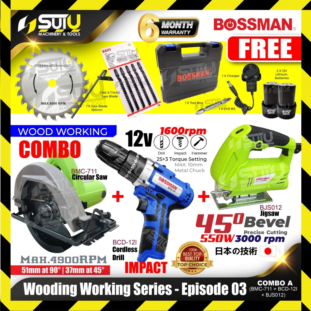 [SET A] WOOD WORKING SERIES - COMBO SERIES 03 BOSSMAN BJS012 Jigsaw + BMC-711 Circular Saw + BCD12i Cordless Impact Drill Driver 