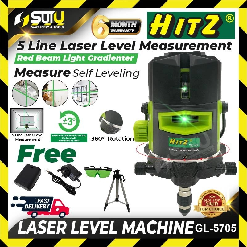 HITZ GL-5705 / GL5705 4V1H6D 360° 5 Line Professional Automatic Laser Level Machine w/ Tripod