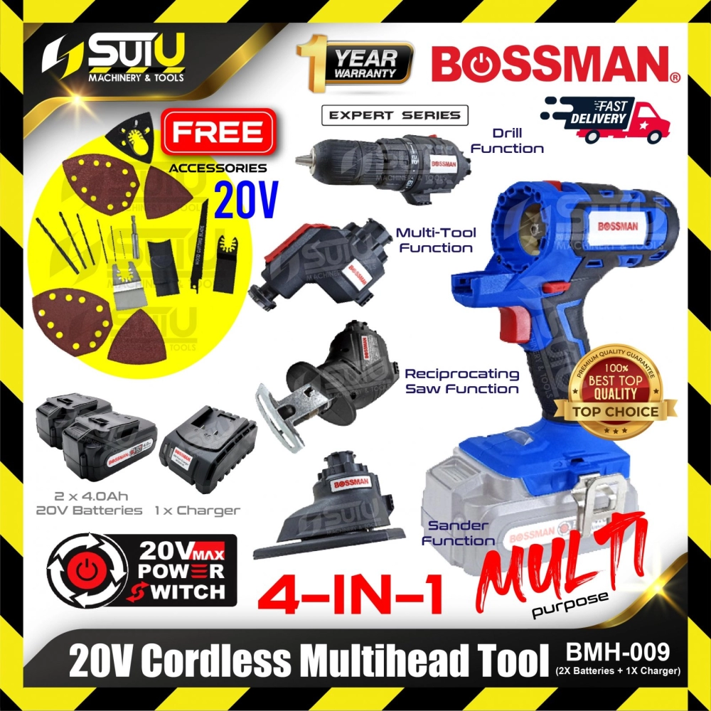 BOSSMAN BMH-009 / BMH009 20V 4in1 Cordless Multihead Tool w/ Accessories + 2 x Batteries 4.0Ah + Charger