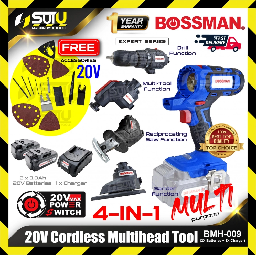BOSSMAN BMH-009 / BMH009 20V 4in1 Cordless Multihead Tool w/ Accessories + 2 x Batteries 3.0Ah + Charger