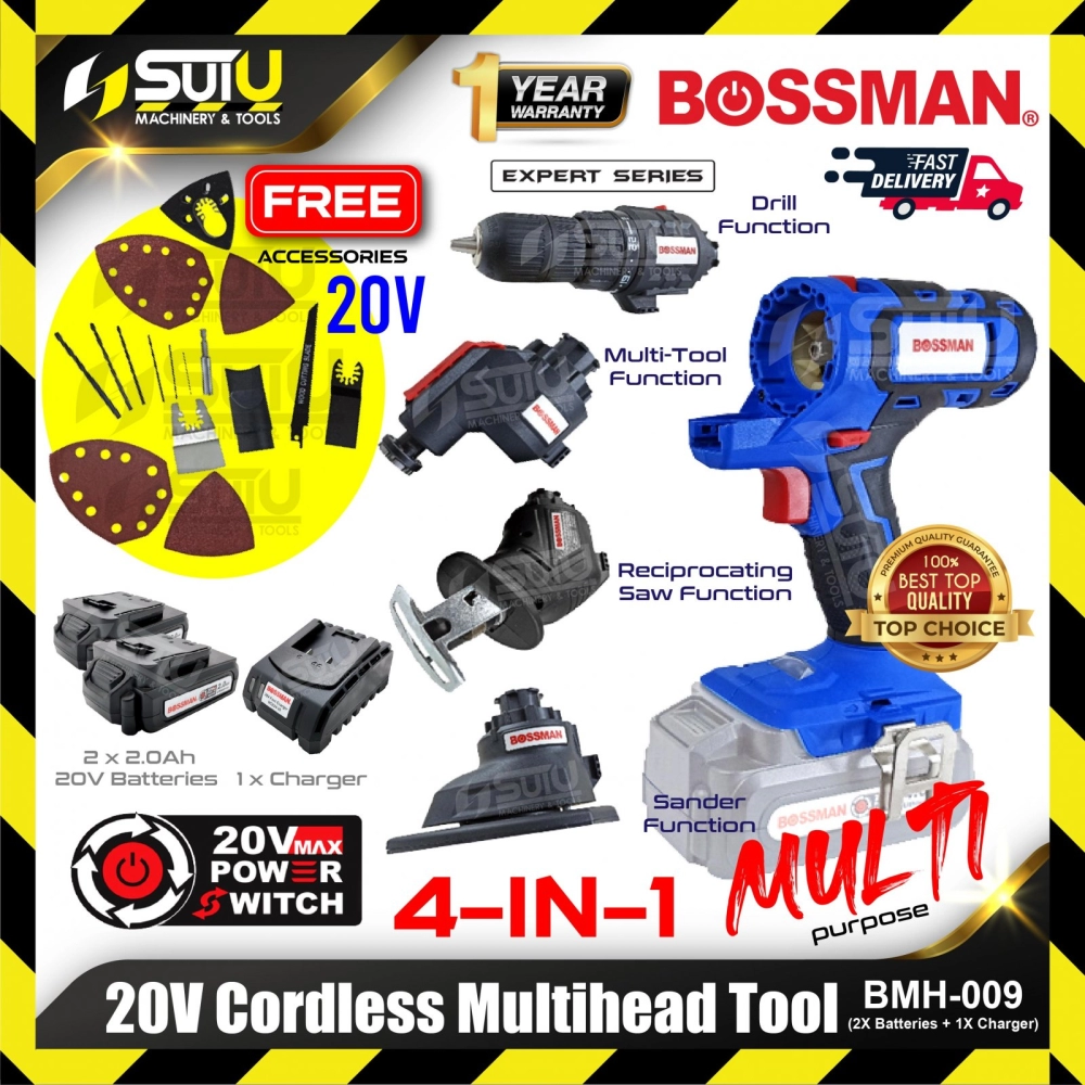 BOSSMAN BMH-009 / BMH009 20V 4in1 Cordless Multihead Tool w/ Accessories + 2 x Batteries 2.0Ah + Charger