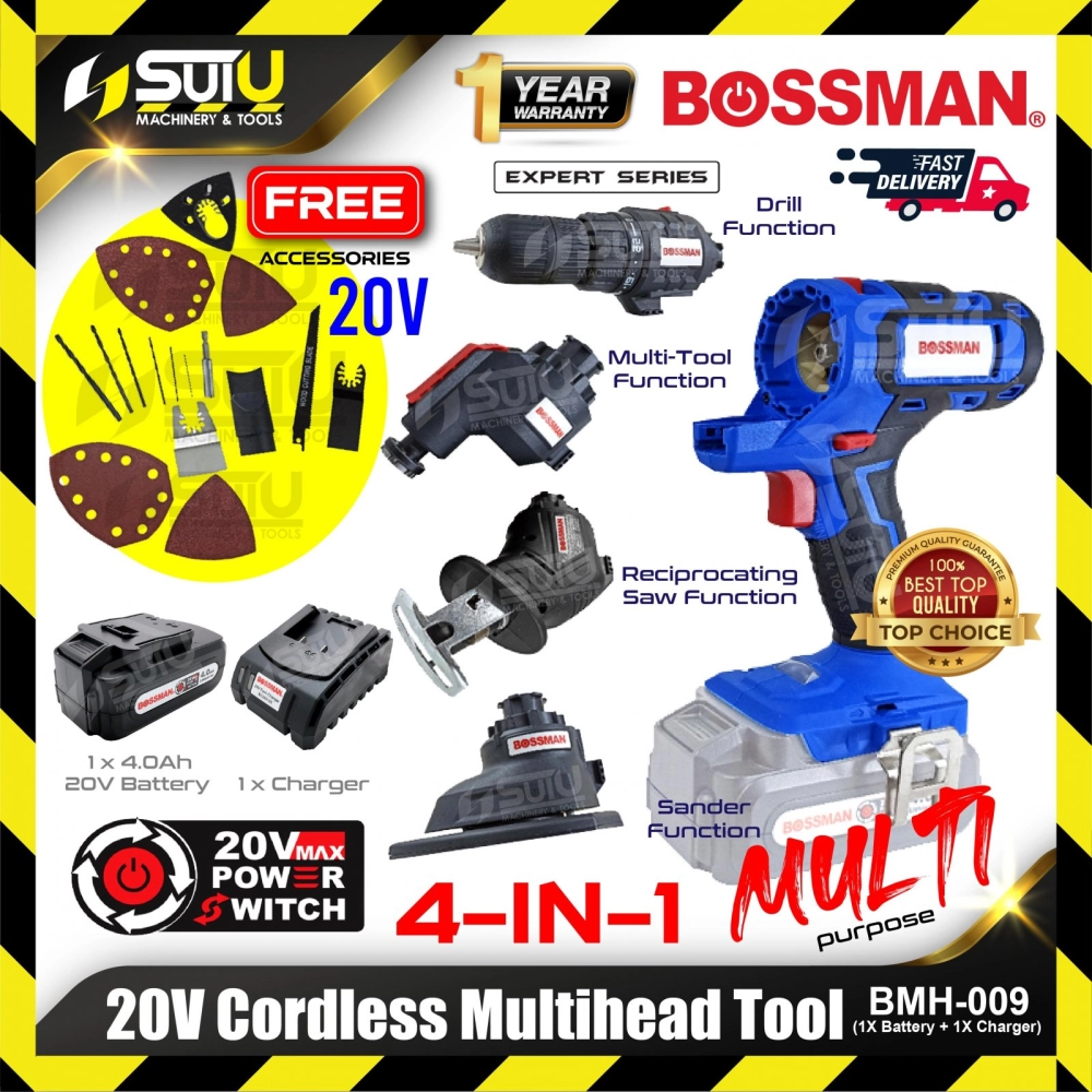 BOSSMAN BMH-009 / BMH009 20V 4in1 Cordless Multihead Tool w/ Accessories + 1 x Battery 4.0Ah + Charger
