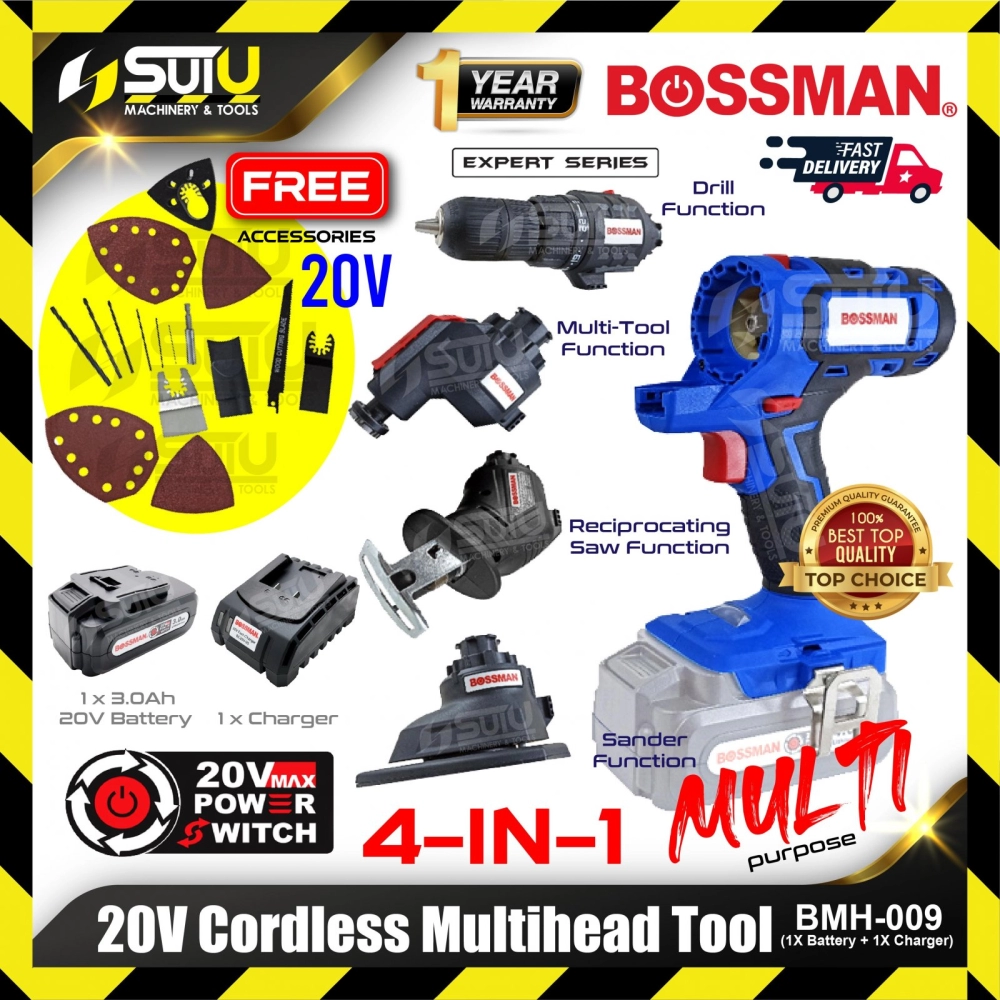 BOSSMAN BMH-009 / BMH009 20V 4in1 Cordless Multihead Tool w/ Accessories + 1 x Battery 3.0Ah + Charger