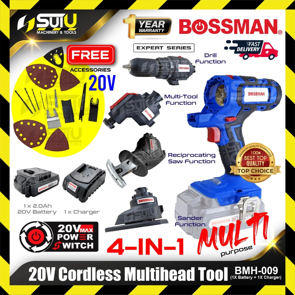 BOSSMAN BMH-009 / BMH009 20V 4in1 Cordless Multihead Tool w/ Accessories + 1 x Battery 2.0Ah + Charger