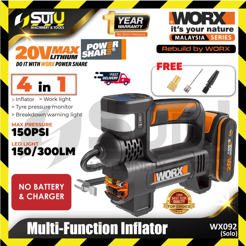 WORX WX092 20V 4in1 Multi-Function Inflator 300LM with 3 Bits (SOLO - No Battery & Charger)