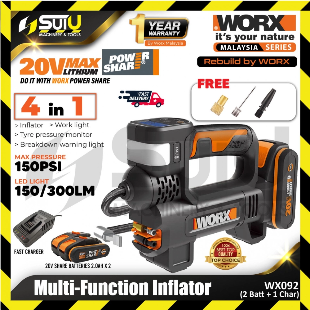 WORX WX092 20V 4in1 Multi-Function Inflator 300LM with 3 Bits + 2 x Batteries 2.0Ah + Charger
