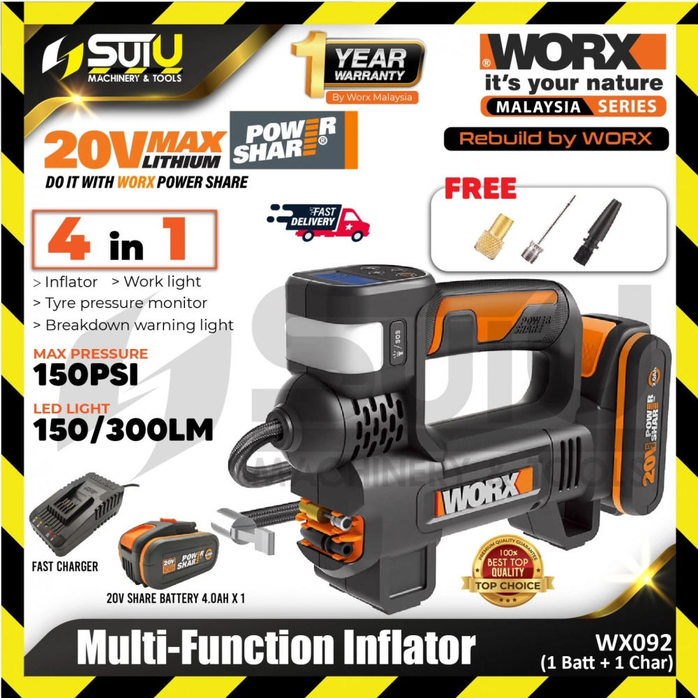 WORX WX092 20V 4in1 Multi-Function Inflator 300LM with 3 Bits + 1 x Battery 4.0Ah + Charger