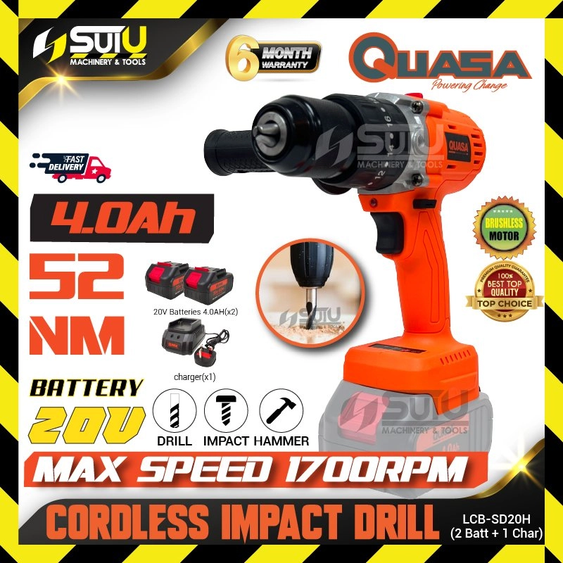 QUASA LCB-SD20H 20V 52NM Impact Drill 1700RPM w/ 2 x Batteries 4.0Ah + Charger