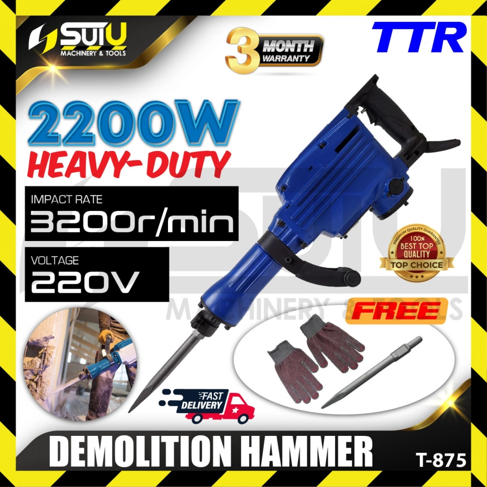 TTR T-875 Heavy Duty Demolition Hammer 2200W 3200RPM with Free Gloves & Bit