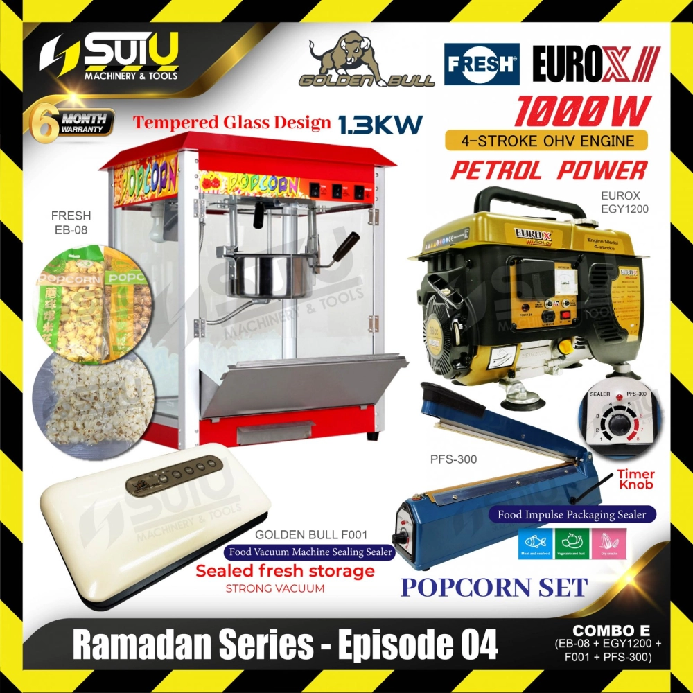 [SET E] RAMADHAN SERIES - COMBO SERIES 04 Popcorn Set (FRESH EB-08 Popcorn Machine + PFS-300 Impulse Sealer + GOLDEN BULL F001 Food Vacuum Machine + EUROX EGY1200 Generator)