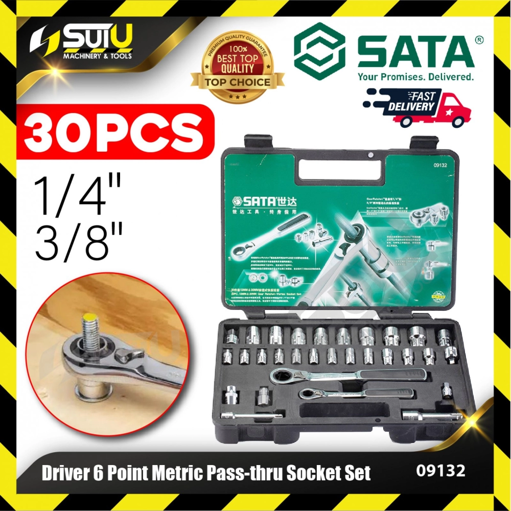 SATA 09132 30pcs 1/4" & 3/8" Driver 6 Point Metric Pass-thru Socket Set