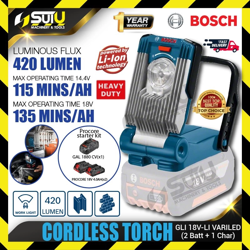 BOSCH GLI 18V-LI VARILED / GLI18V-LI VARILED 18V Cordless Torch / Work Light 420LM + 2 x Batteries + Charger