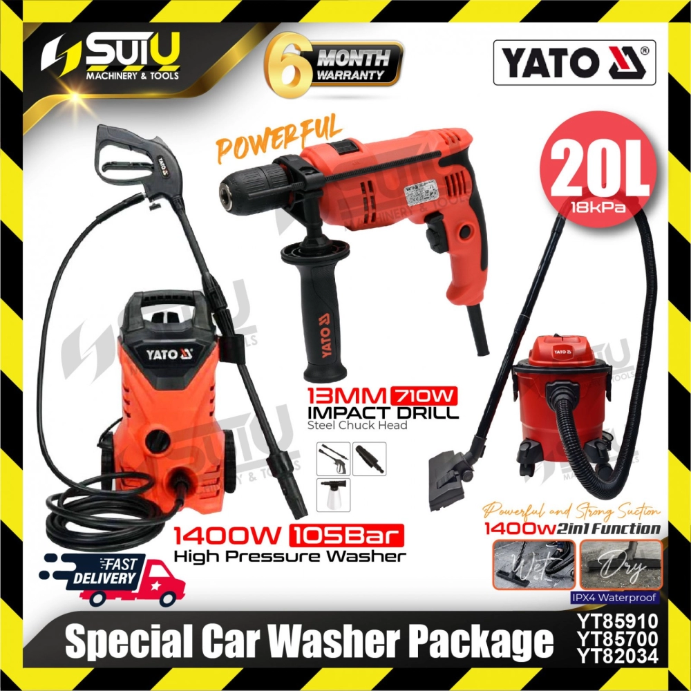 YATO Special Car Washer Package ( YT85910 High Pressure Washer + YT85700 2in1 Vacuum + YT82034 Impact Drill)
