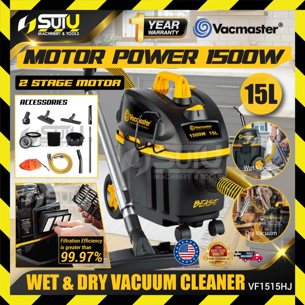 VACMASTER VF1515HJ 15L Industrial 2 Stage Motor Wet & Dry Vacuum Cleaner 1500W w/ accessories