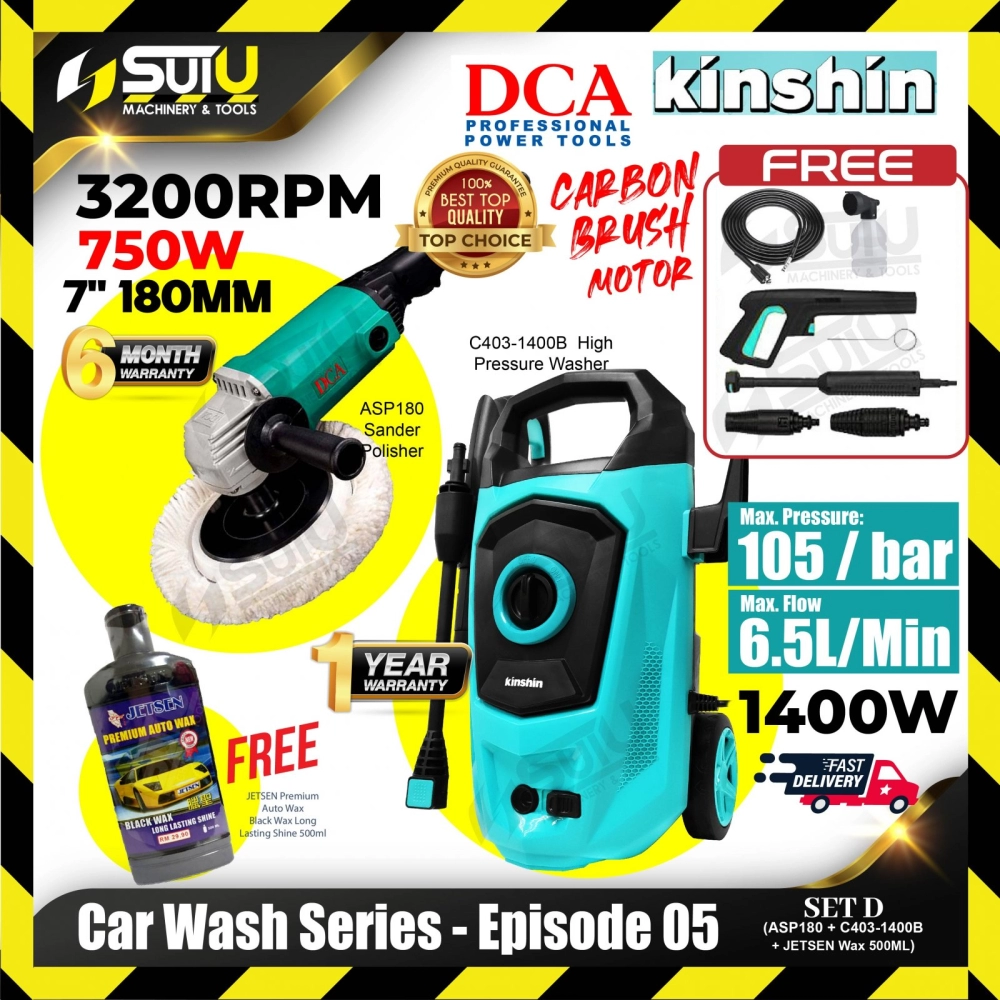 [SET D] CAR WASH SERIES - COMBO SERIES EP05 KINSHIN C403-1400B High Pressure Washer + DCA ASP180 Sander Polisher 