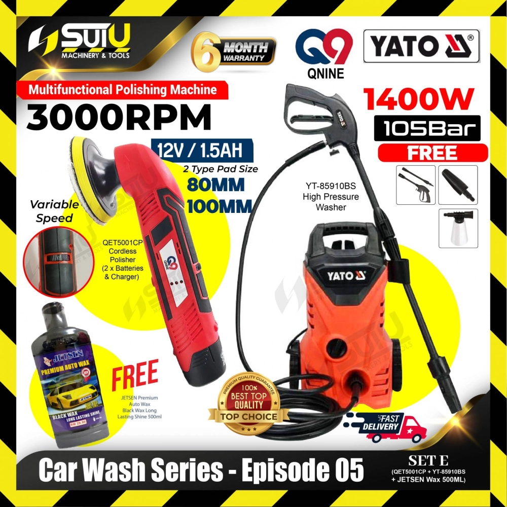 [SET E] CAR WASH SERIES - COMBO SERIES EP05 YATO YT-85910BS High Pressure Washer + Q9 QET5001CP Cordless Polisher 