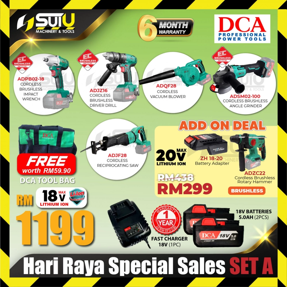 [SET A2 + PWP] DCA RAYA CORDLESS COMBO SET ADPB02-18 +ADJZ16 + ADQF28 + ADSM02-100 + ADJF28 + 2 x Batteries + Charger + Tools Bag + PWP (ADZC22 + ZH18-20）