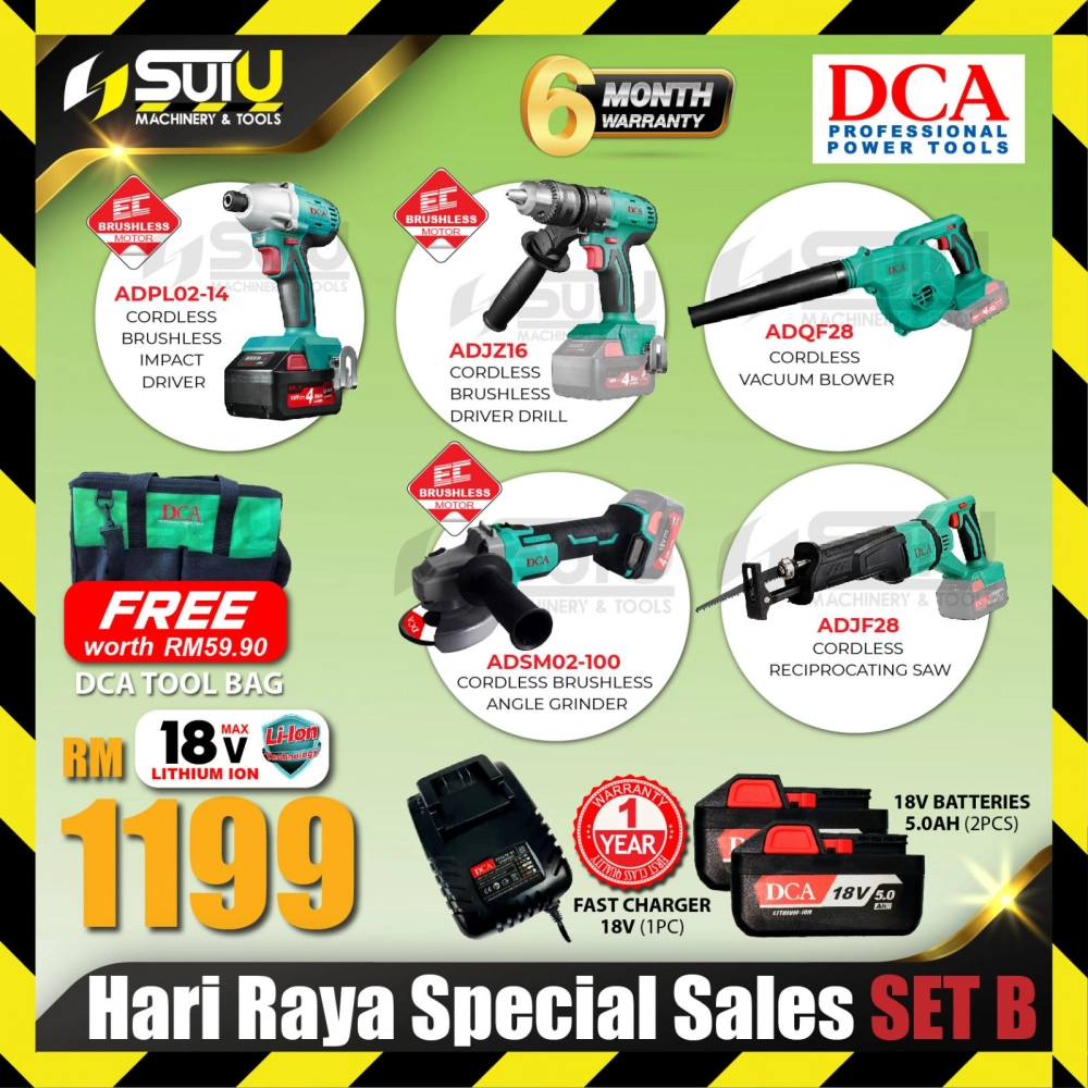 [SET B1] DCA RAYA CORDLESS COMBO SET ADPL02-14 +ADJZ16 + ADQF28 + ADSM02-100 + ADJF28 + 2 x Batteries 5.0Ah + Charger + Tools Bag