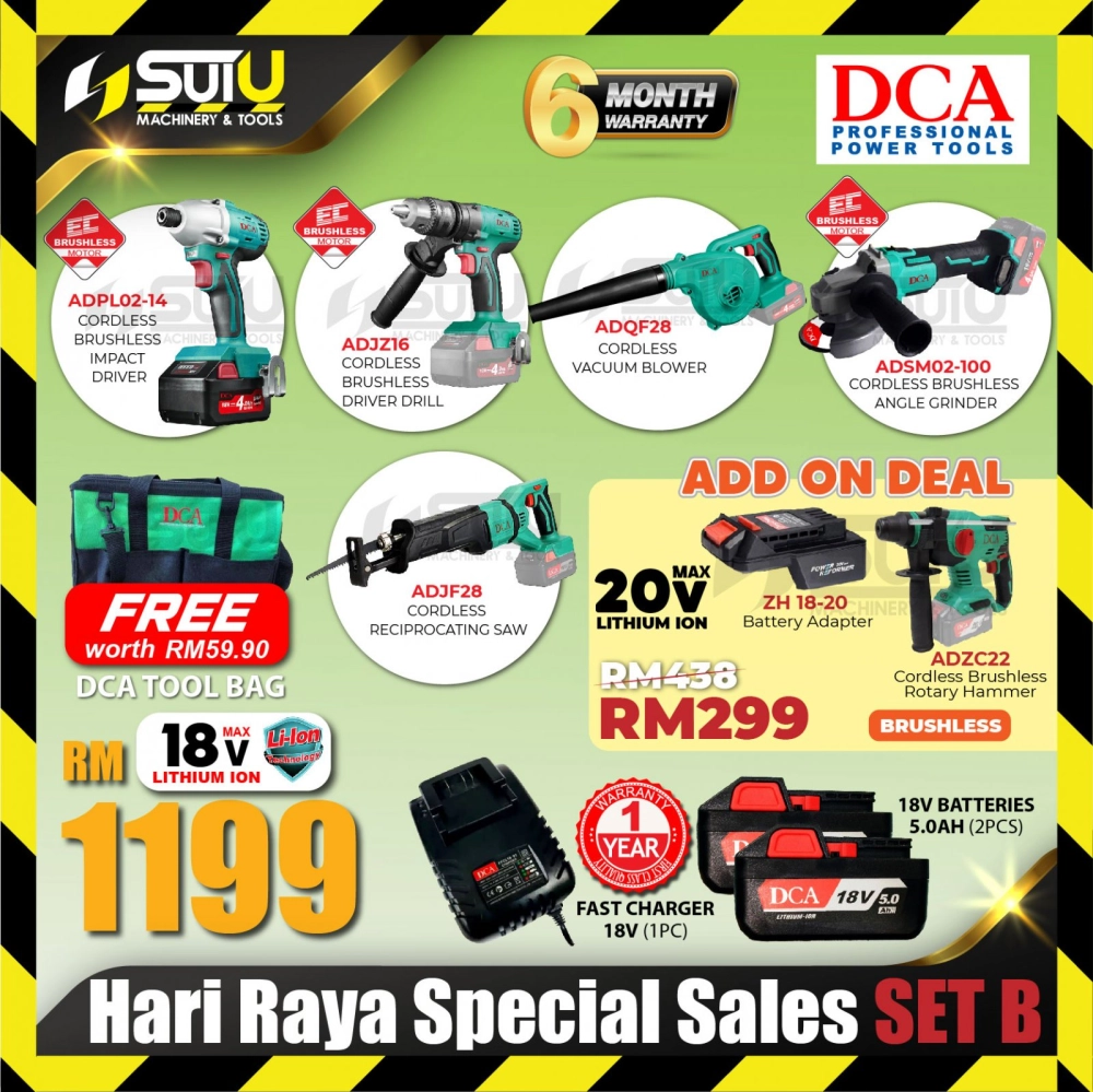 [SET B2 + PWP] DCA RAYA CORDLESS COMBO SET ADPL02-14 +ADJZ16 + ADQF28 + ADSM02-100 + ADJF28 + 2 x Batteries + Charger + Tools Bag + PWP (ADZC22 + ZH18-20)