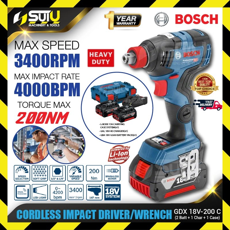 BOSCH GDX 18V-200C / GDX18V-200C 200NM Cordless Impact Driver / Wrench 3400RPM 4000BPM with 2x Batteries 4.0Ah + Charger