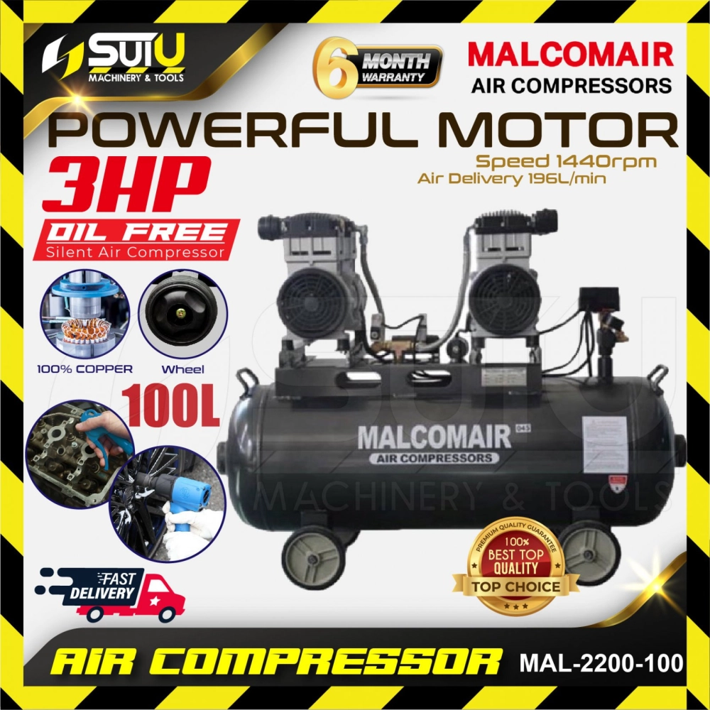 MALCOMAIR MAL-2200-100 / MAL2200-100 100L 3HP Oilless Air Compressor 1440RPM