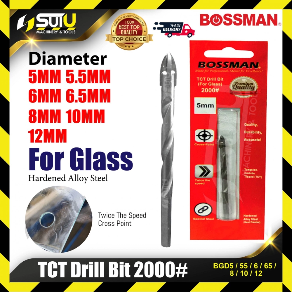 BOSSMAN BGD5/ 55/ 6/ 65/ 8/ 10/ 12 TCT Drill Bit 2000# for Glass 5~12MM