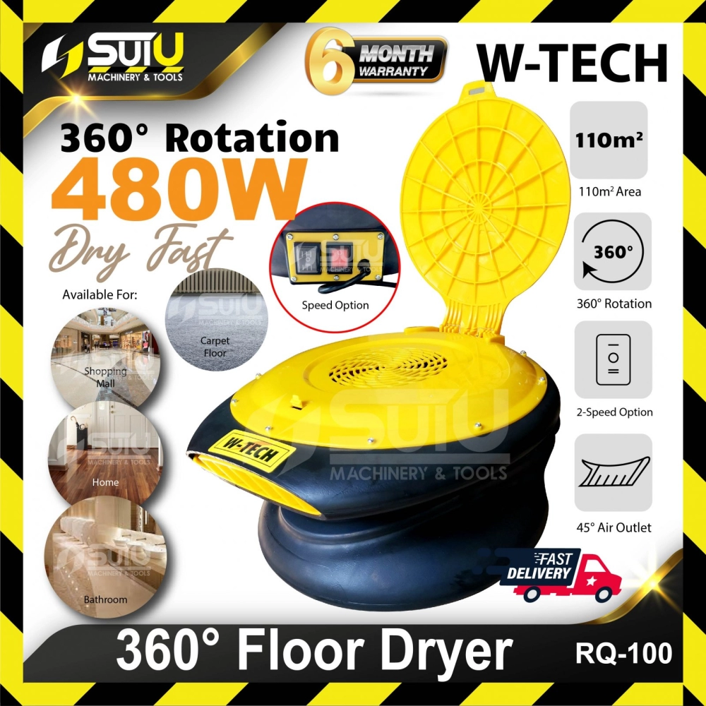 W-TECH RQ-100 / RQ100 2-Speed 360° Auto Rotation Floor Dryer / Blower 480W