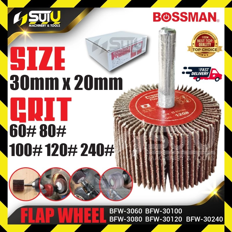 BOSSMAN BFW3060/ 3080/ 30100/ 30120/ 30240 1/4" 30 x 20MM Mounted Aluminium Oxide Flap Wheel (60#~240#)