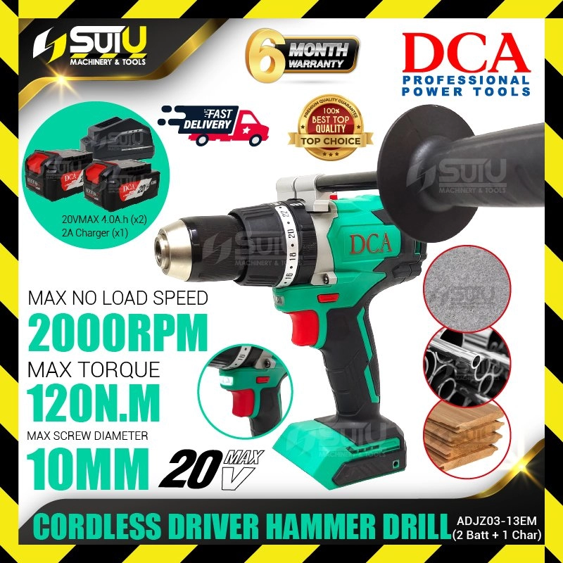 DCA ADJZ03-13 / ADJZ03-13EM 20V 120NM Cordless Brushless Driver Hammer Drill 2000RPM + 2 x Batteries 4.0Ah + Charger