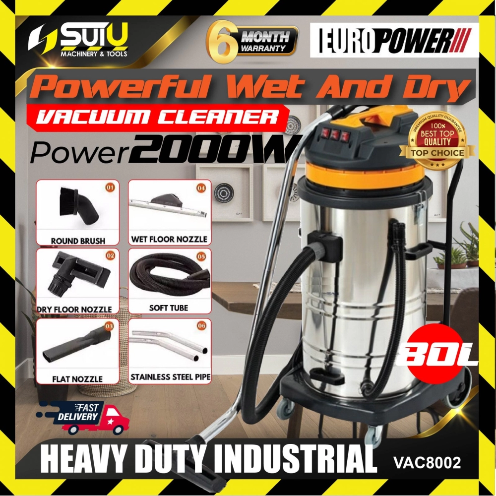 EUROPOWER VAC8002 80L Wet & Dry Stainless Steel Vacuum Cleaner 2000W