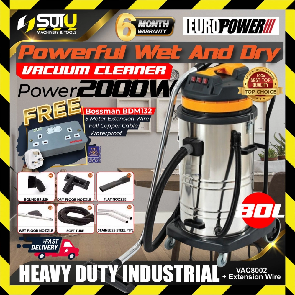 EUROPOWER VAC8002 80L Wet & Dry Stainless Steel Vacuum Cleaner 2000W + 5M Extension Wire