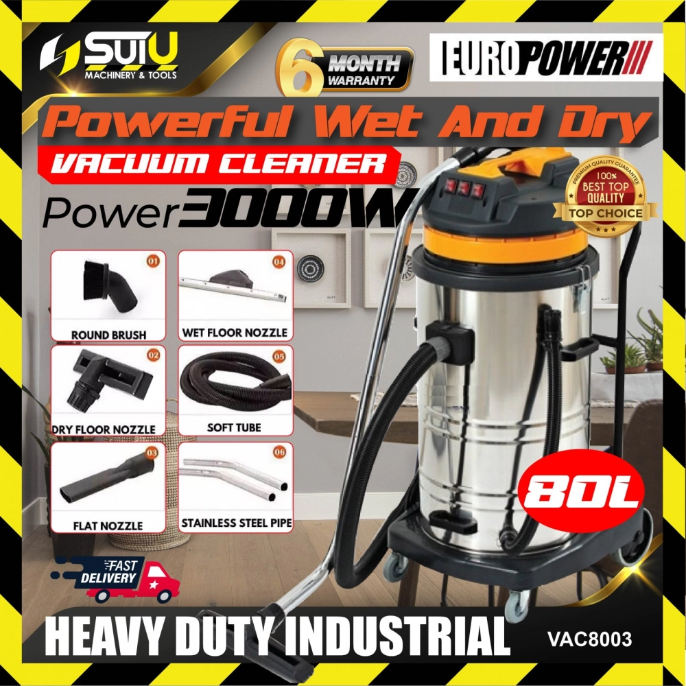 EUROPOWER VAC8003 80L Wet & Dry Stainless Steel Vacuum Cleaner 3000W