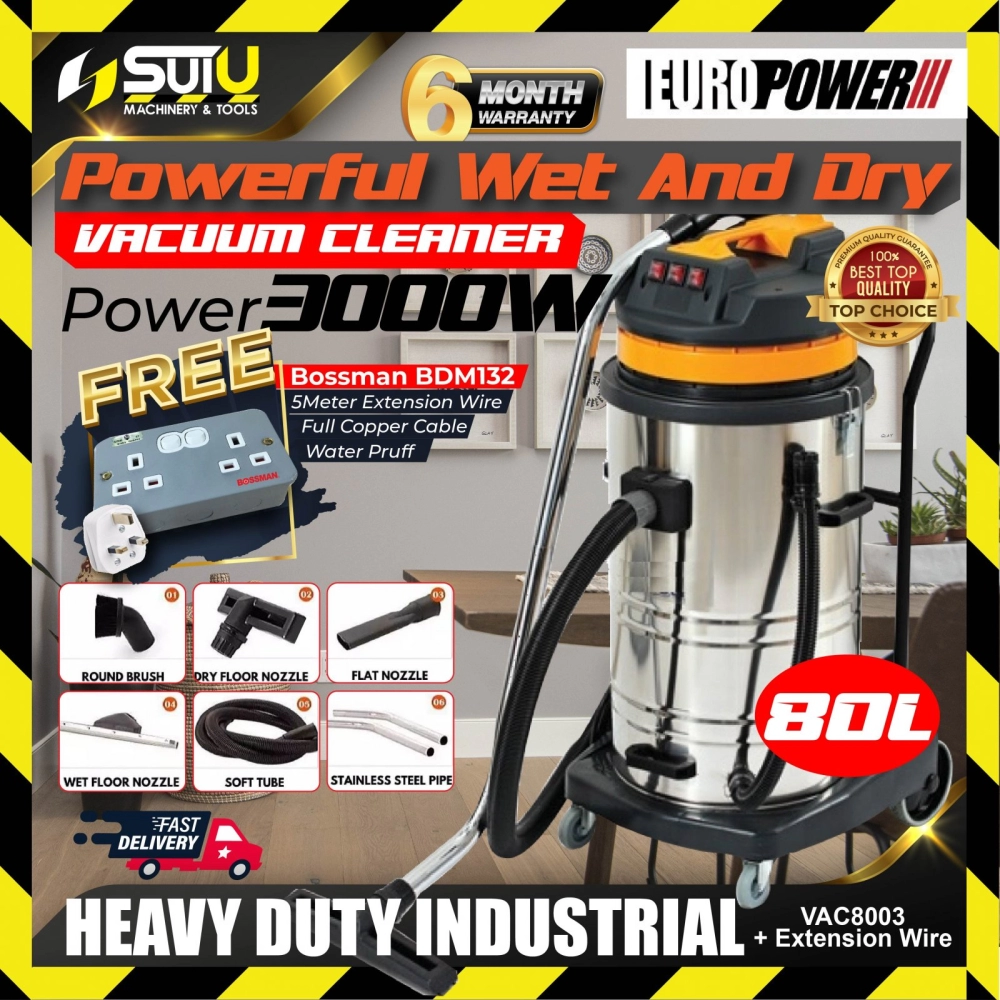 EUROPOWER VAC8003 80L Wet & Dry Stainless Steel Vacuum Cleaner 3000W + 5M Extension Wire Socket