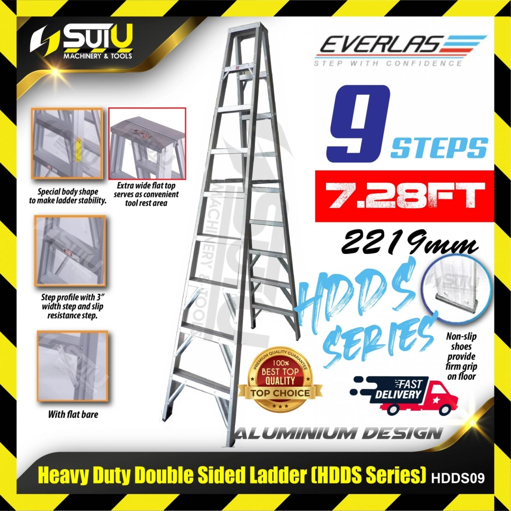 EVERLAS HDDS09 9 Steps 2219MM Heavy Duty Aluminium Double Sided Ladder 